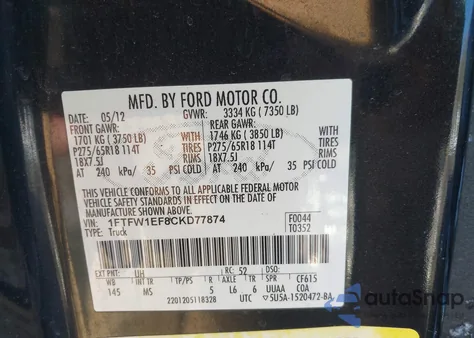 2012 Ford F-150 Xlt z USA, uszkodzony, nr VIN 1FTFW1EF8CKD77874